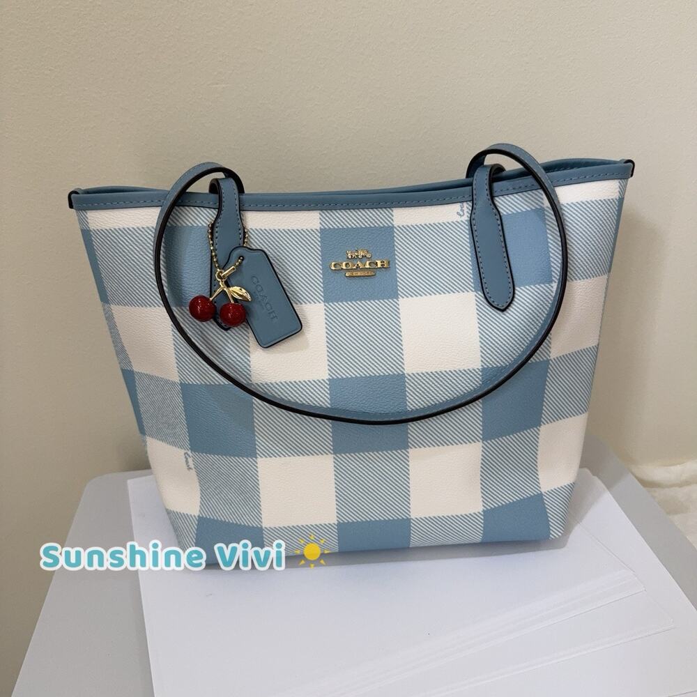 NWT Coach Medium City Tote Bag With Gingham Print And Charm CES66 Blue multi